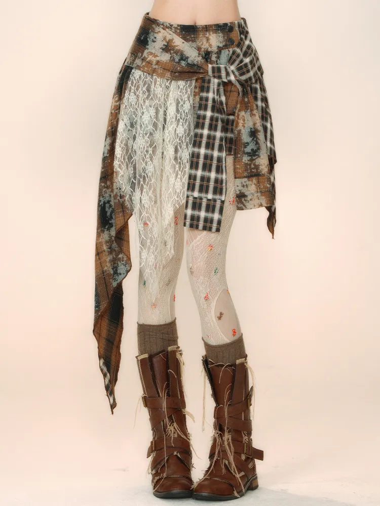 Belt Fabric Plaid Asymmetrical Skirt with and Coffee Lace Self-tie