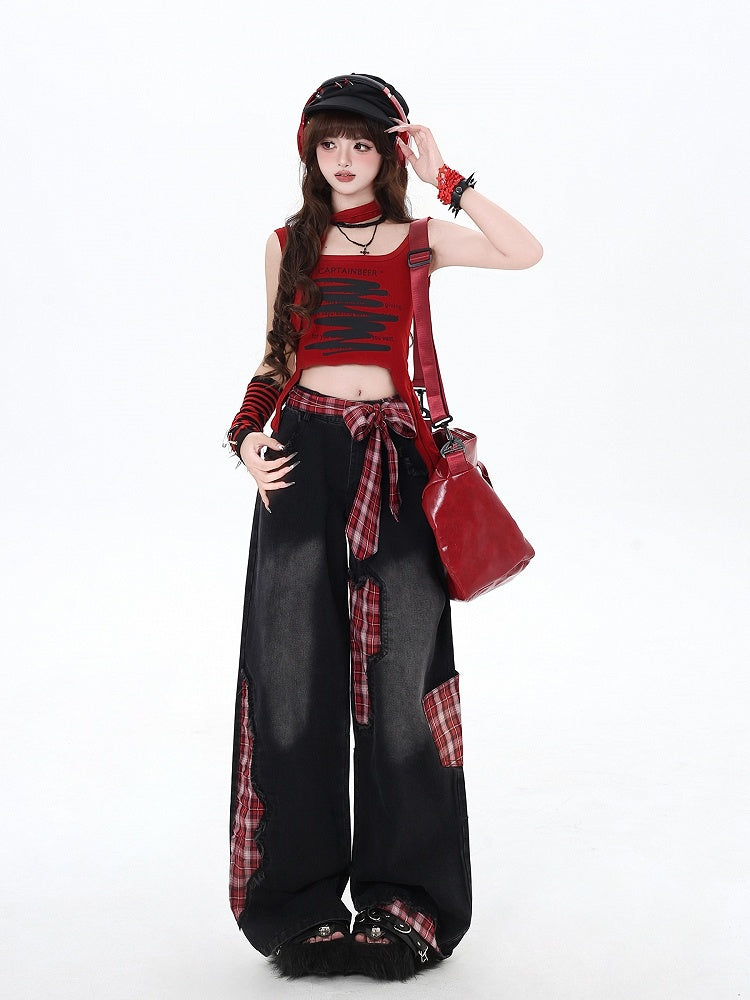 Black Street Wide-leg Bowknot Plaid Jeans High Cut Red