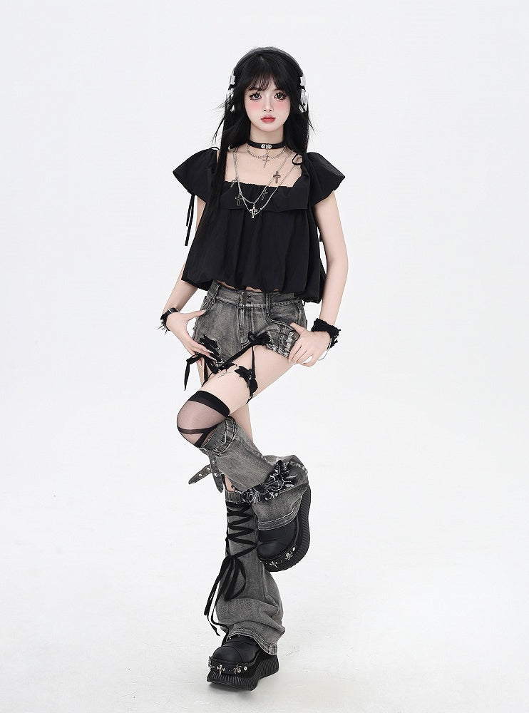 with Leg Dusty Gray Lace-up Details Butterfly Warmers Applique Hem Denim Shorts