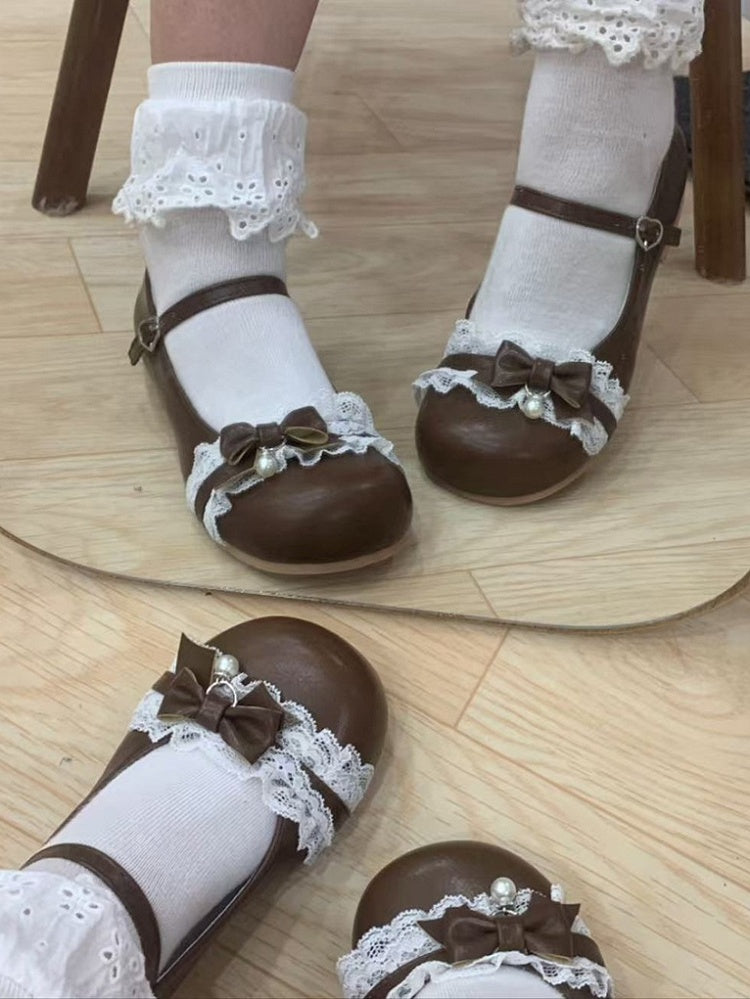Round Janes with Lolita Charm Toe Buckle Sweet Trim - Heel Heart Bead 1cm/3.5cm Brown Bow Mary PU Lace