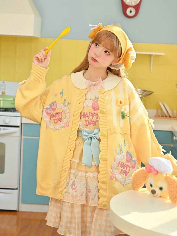 Kawaii Yellow Knitted Cardigan Floral Accents Creamy Yume Strawberry Cake Embroidered