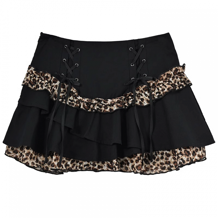 Y2K Black Leopard Pattern Mini Tiered Skirt with Details Glamorous Lace-up