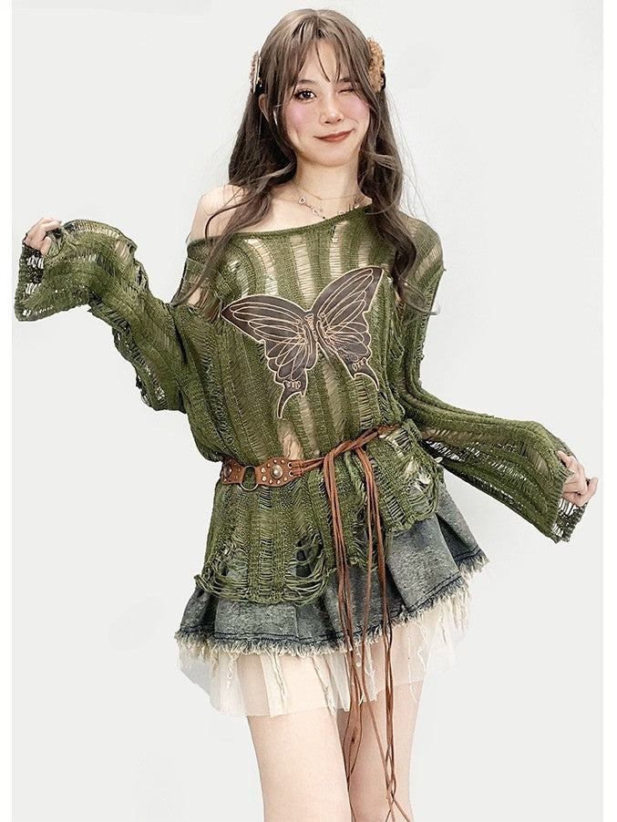 Knitted Protection Top Applique Sun Long Bittersweet Glamorous Sleeve Butterfly Green