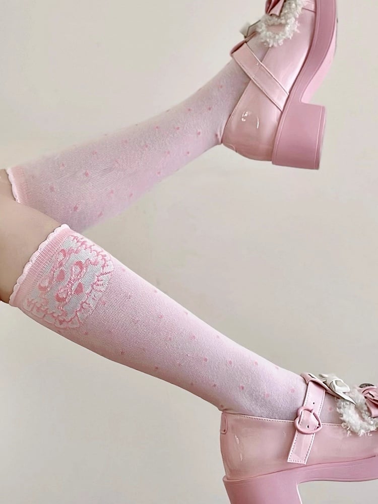 Pink Print Pattern Calf Bowknot Lolita Polka-dot Socks