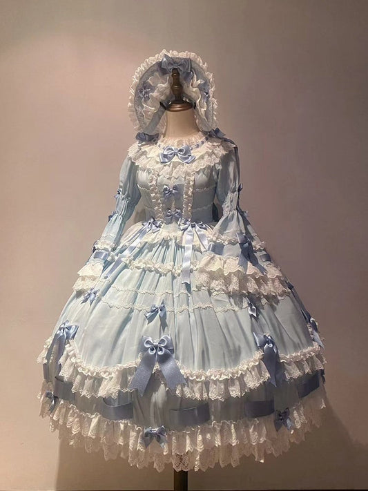 Trims Blue Bell with Lolita and Sleeves White Bow Lace Dress Hime Decorations