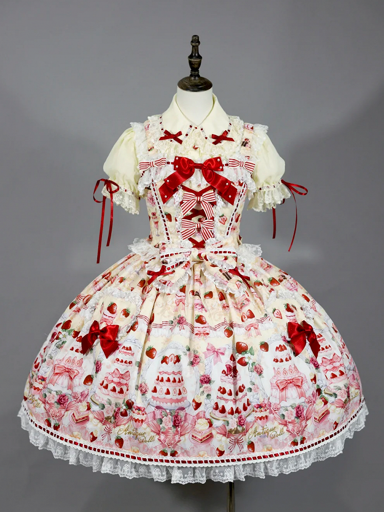 Bow Yellow and Desserts Accents Set Print Strawberry / Full Lolita Sweet JSK