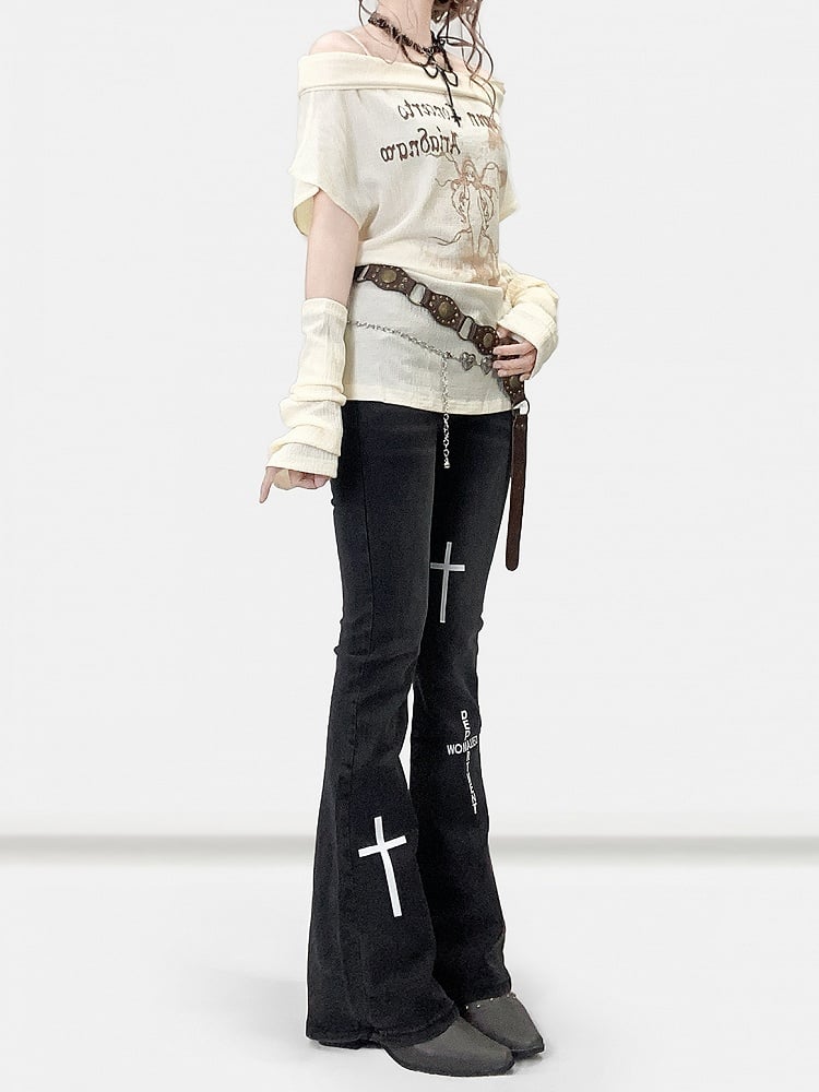 Flare Black Wings Print Y2K Jeans And Silhouette Cross