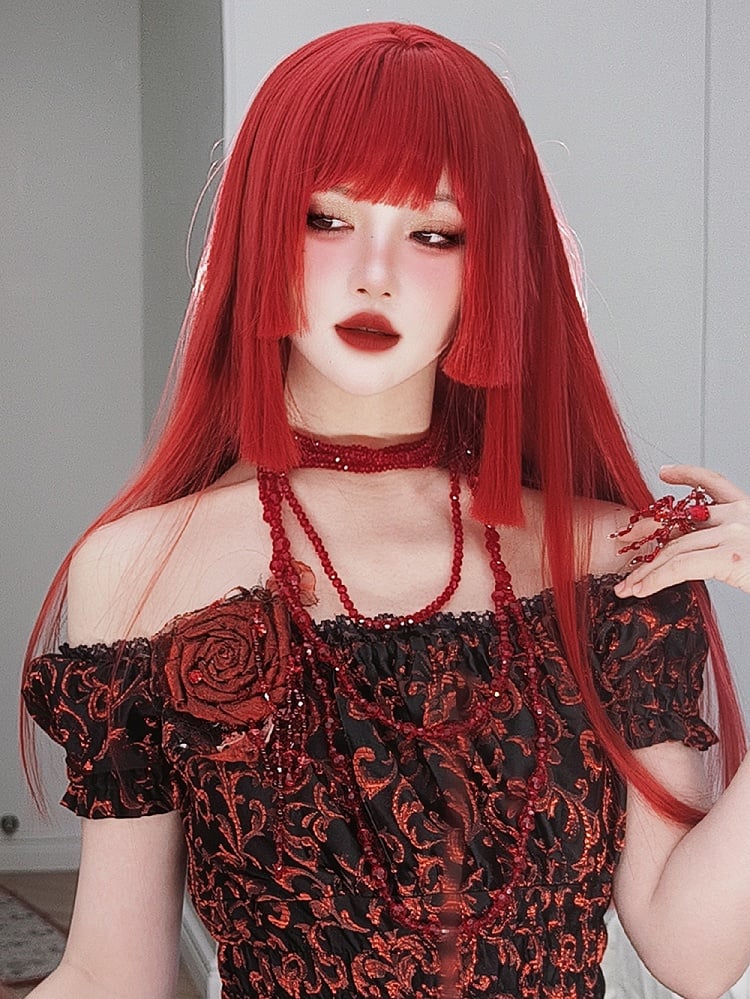 Red Hime Cut Long Straight Synthetic Wig