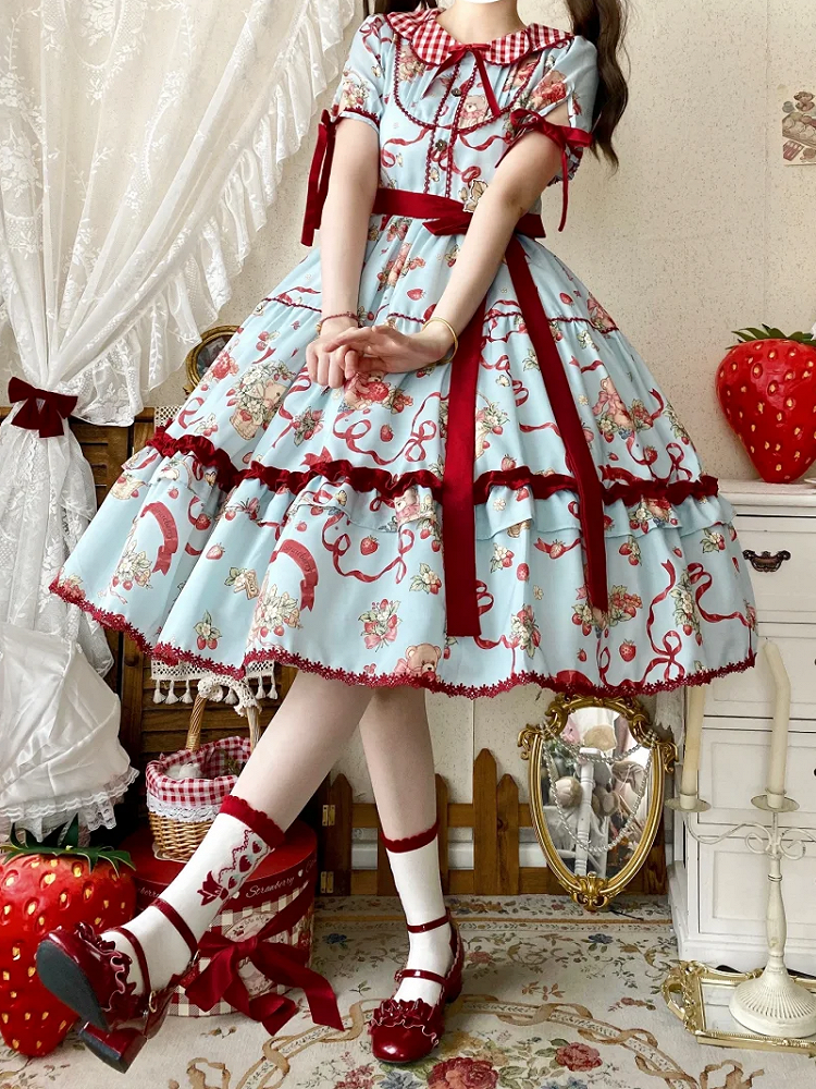 Strawberry Teddy Sleeves Short and Print Blue Lolita Dress