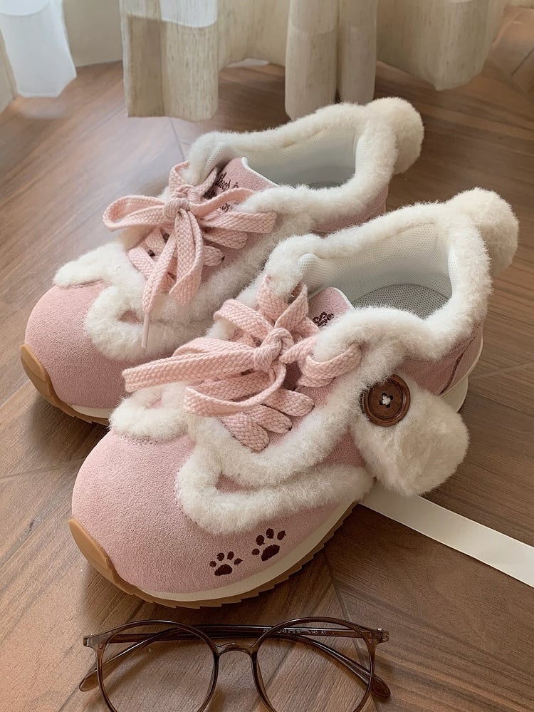 Sweet with Accents Ears Tail Paw Embroidery Sneakers Print - Plush Pink Dog Lolita