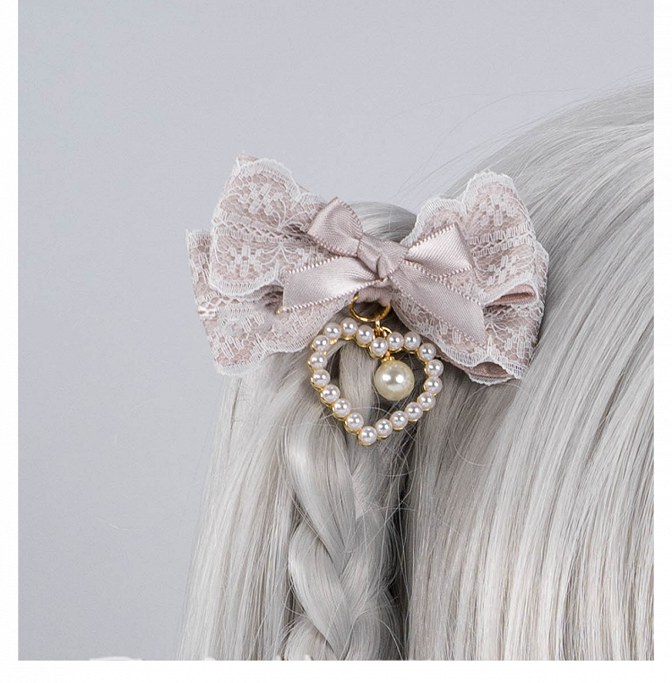 5 Colors Beaded Heart Charm Jirai Kei Lace Bow Hairclips