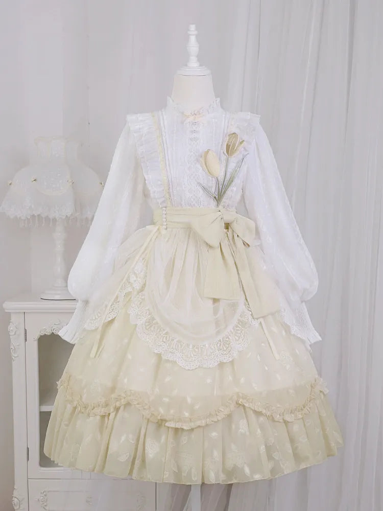 White and Yellow Tulip Embroidery Applique Bodice One Piece