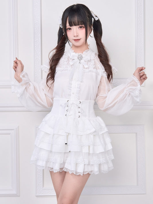 Weiße Bluse aus Jirai-Chiffonstoff: Ärmel Kei lang