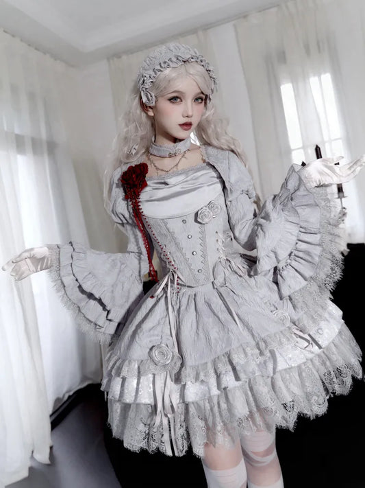 Bell Long Ruffle Layered Sleeves Gray Bolero Silver Cuffs