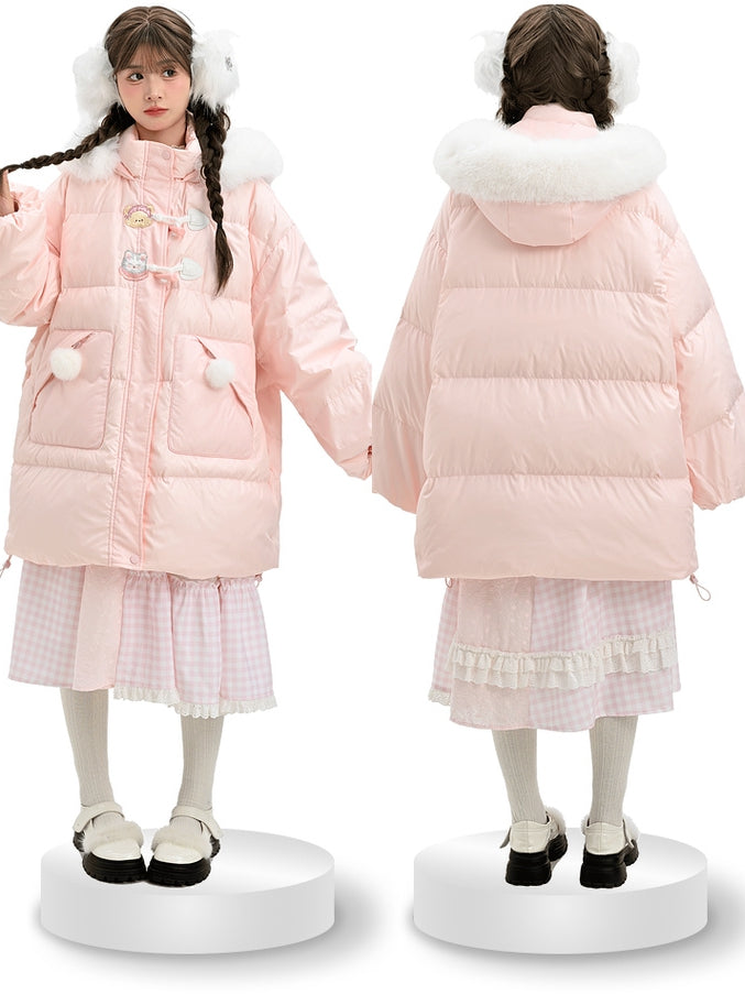Pink Cute Bear and Kitty Plush Trim Hooded Down Coat