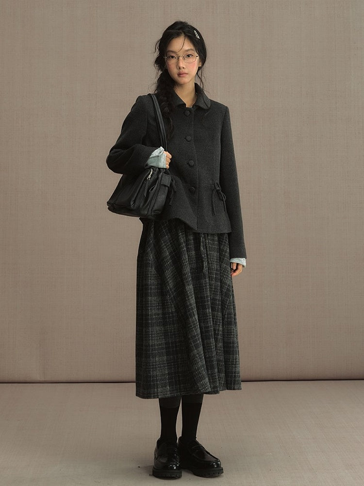 Gray Elastic Waist Tweed Plaid Tea Length Skirt
