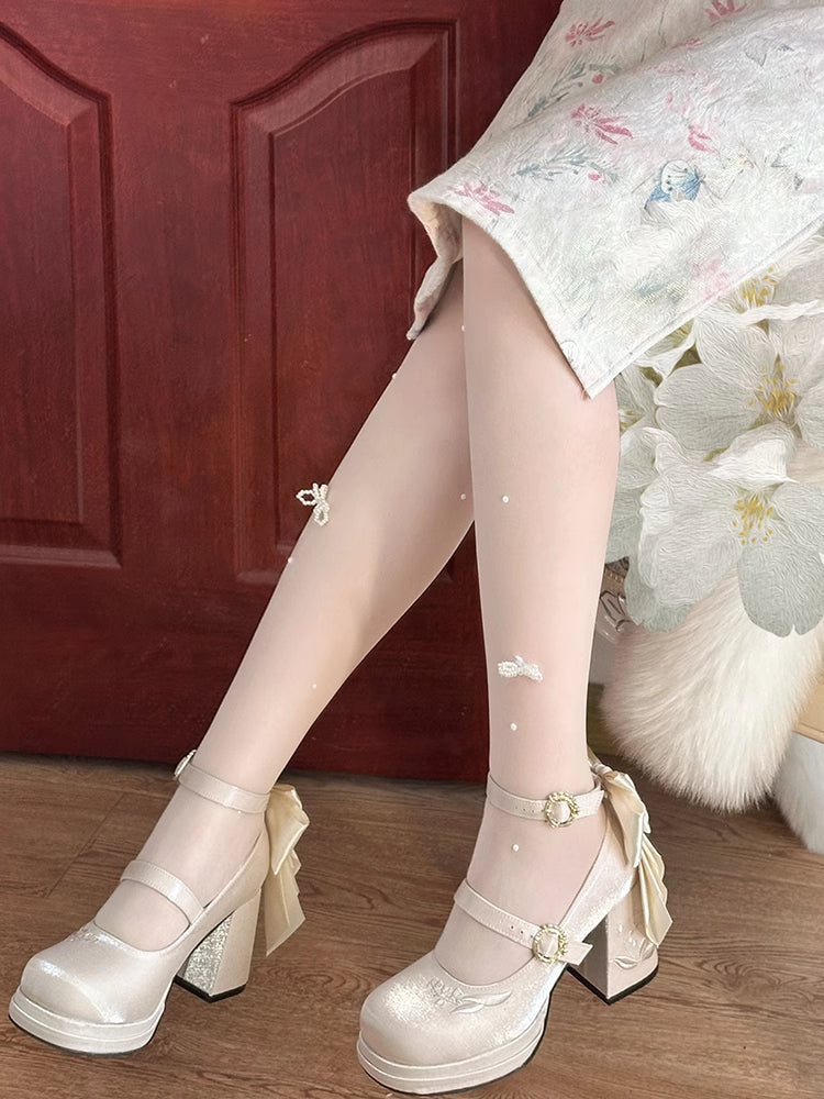 Janes Heels Embroidery Mary of Lily Detachable Champagne Bowknot the Valley Middle
