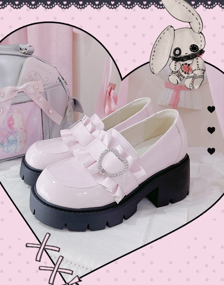 Schuhe Jirai 6,5 cm Pink Chunky Detail Kei mit Loafers Perlenabsatz Sweetheart Plateau