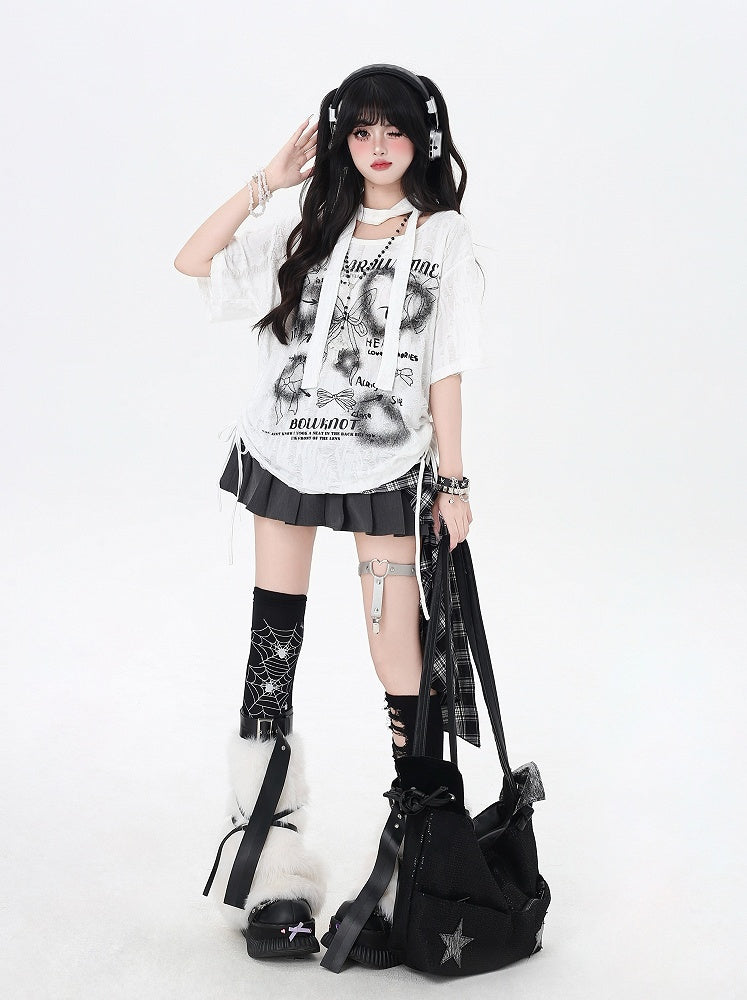 Black/White Drawstring Side Bowknots Print T-Shirt with Free Scarf