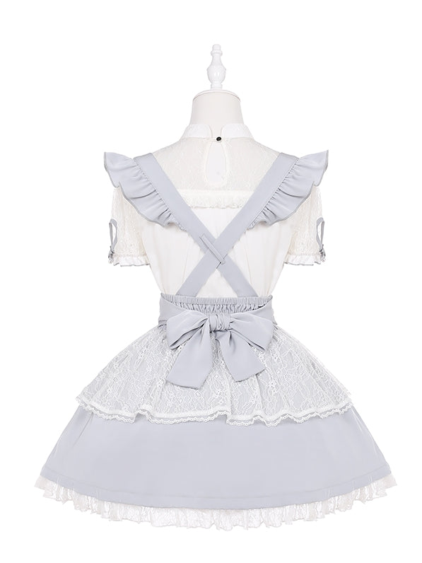 Ruffled Lace Trim Flutter Sleeves Kei Embellished Gray Bowknots Jirai Overalls