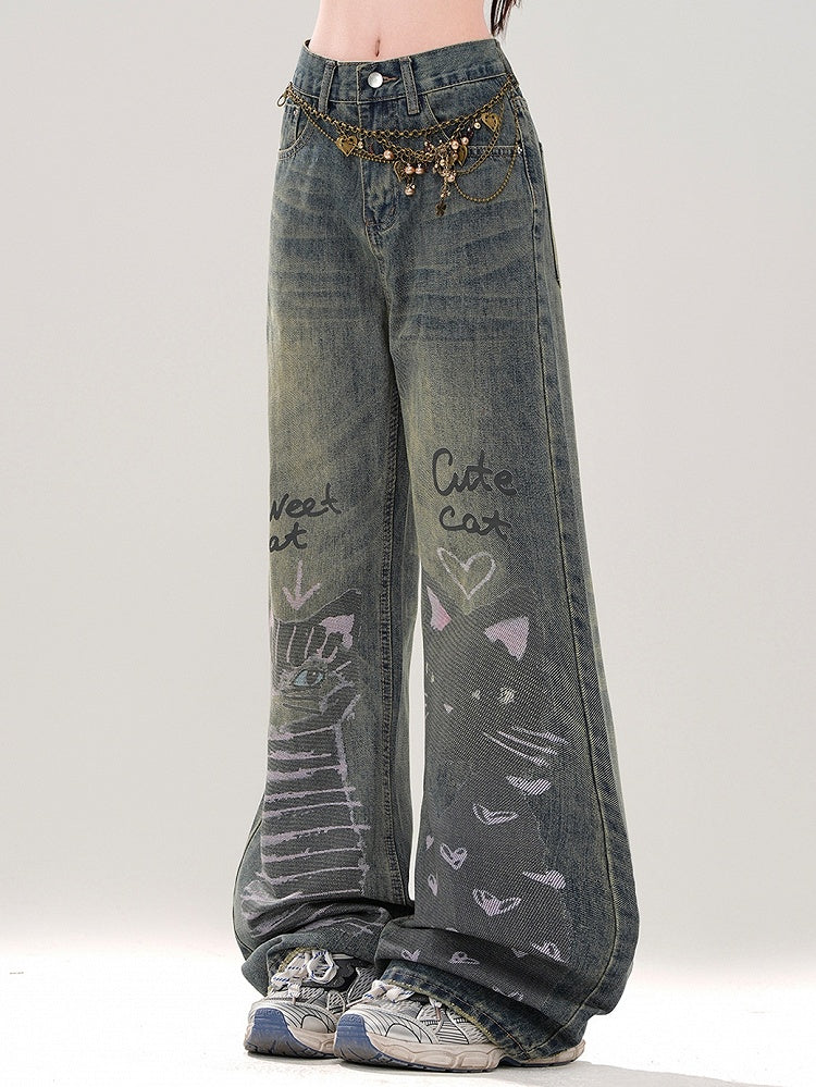 Denim Cute Print Wide-leg Blue Kitties Wash Cut Faded Jeans