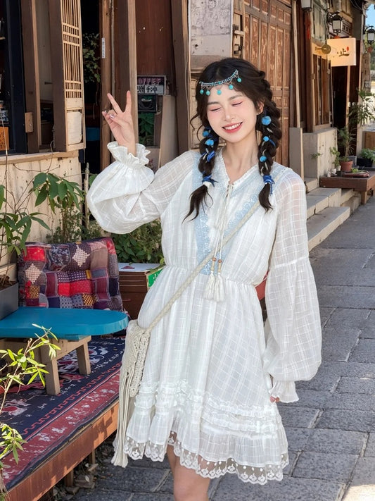 バージョン ホワイト Vネック レーストリム ドレス タッセル ドローストリングデザイン レギュラー/ロング