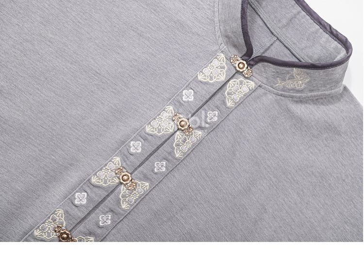 Grey Cheongsam Style Banded Collar Long Sleeves Top