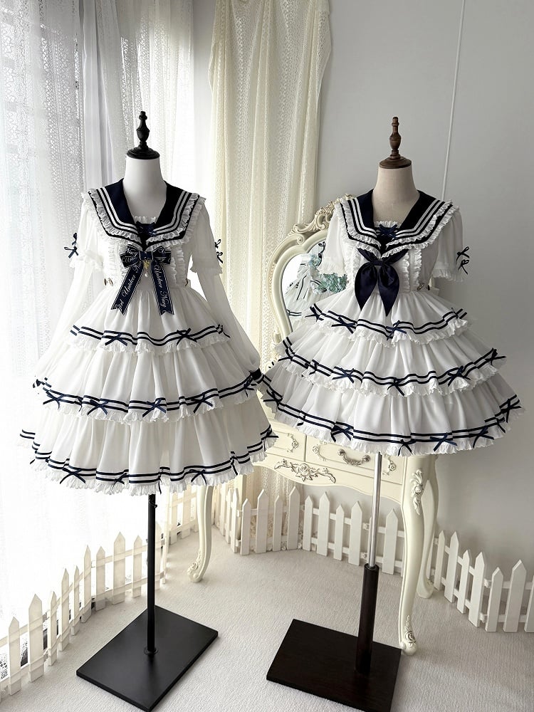 Full Sailor Lolita Skirt Set Summer Dress Tiered White OP