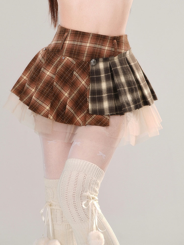 Brown Pleated Mini Plaid Patchwork Skirt Design Mesh