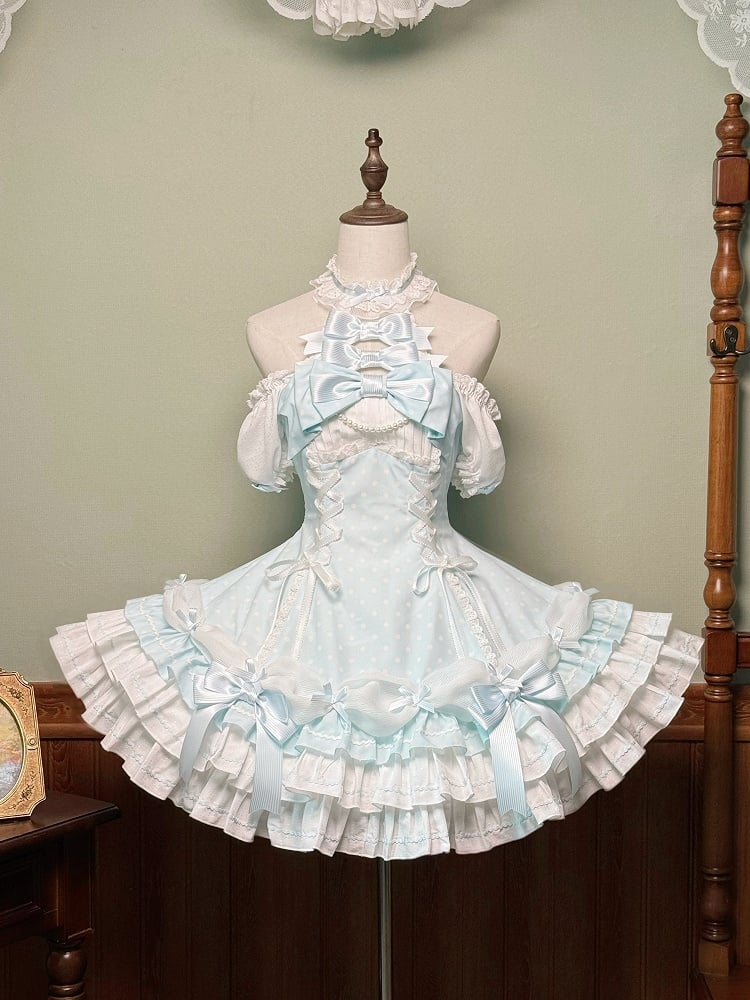Gepunktetes blaues Lolita-Kleid mit altem Neckholder und Schulärmeln, vielseitiges Polka-Kleid mit Puffärmeln