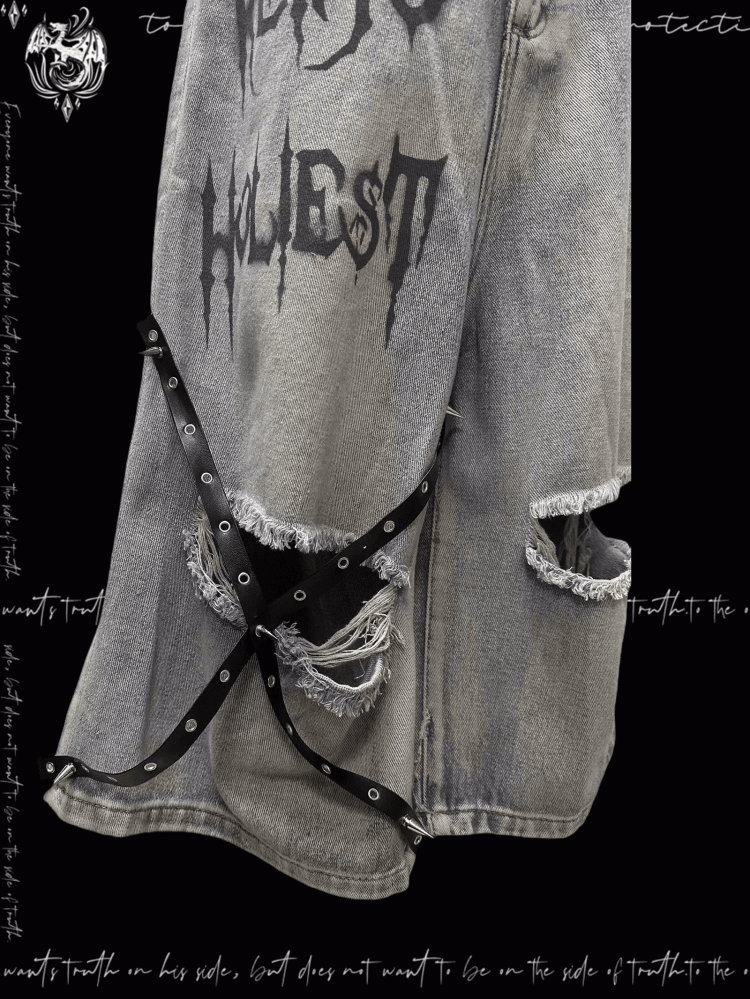 Blue Criss-cross Straps Design Distressed Holes Punk Jeans Y2K