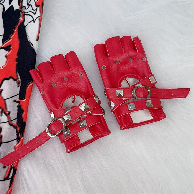 PU-Halbfingerhandschuhe mit Punk-Nieten und überkreuzten Riemen