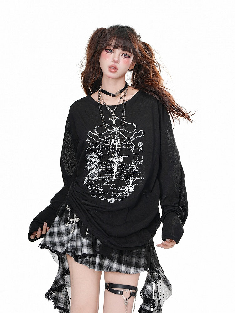 Black/White Semi-sheer Cross Print Drawstring Waist Loose Sweatshirt