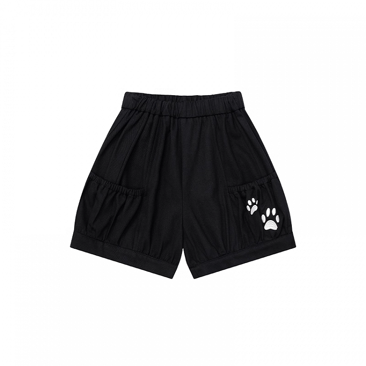 Elastic Waist Shorts Paw Embroidery Pink/Blue/Black Kitty