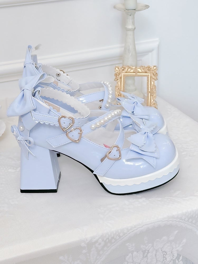 High Style Lolita Details in with Sweet Blue Platform Heels Design Block Bow Crisscross