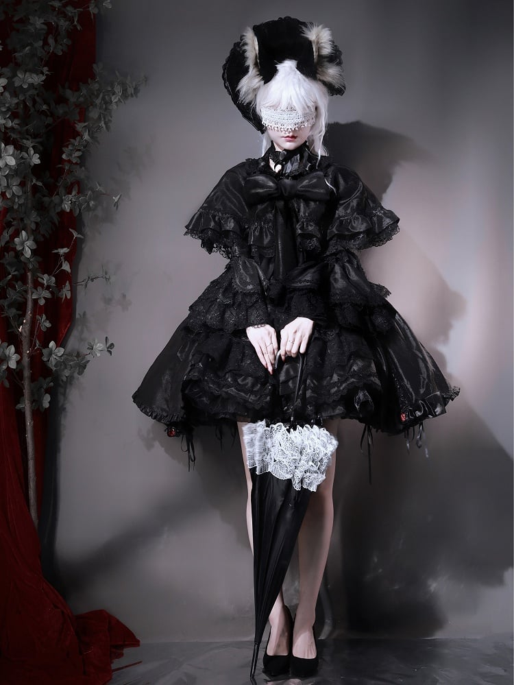Kuro Sleeves Cape Drawstring Dress Layered Bell Gothic Skirt Lolita + Black