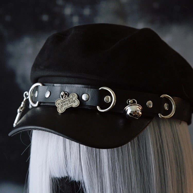 Nieten Kreuz Baskenmütze und Knochen Hut Schwarz Gothic Details Charme