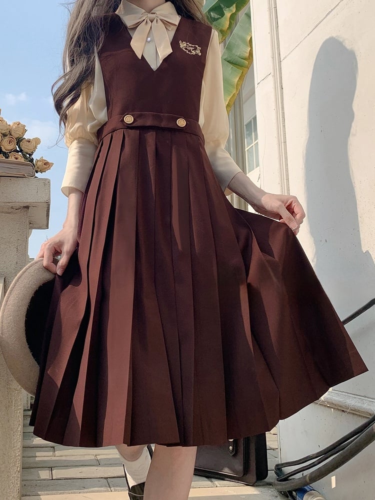 with 70cm Brown / Embroidery High Waist Box Pleat Overall Dress 65 Dove