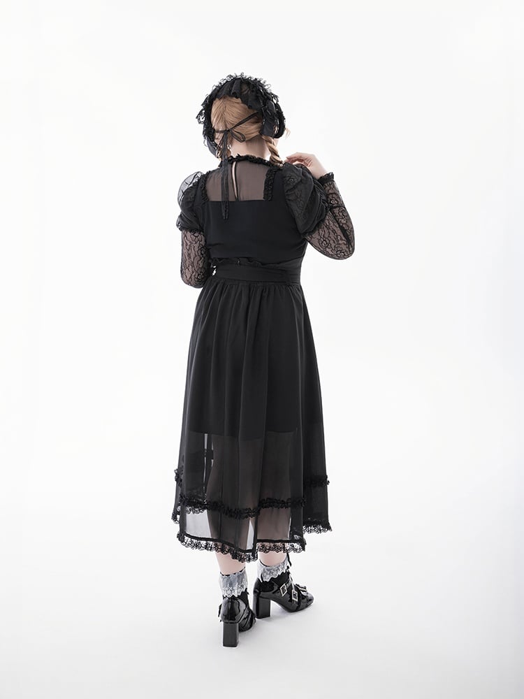 Skirt with Buckle Belt Black High Waist Mesh Overlay