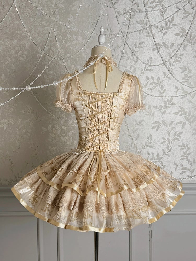 Sleeves Corset Lolita Kitty Short Dress Print and Bunny Puff Champagne