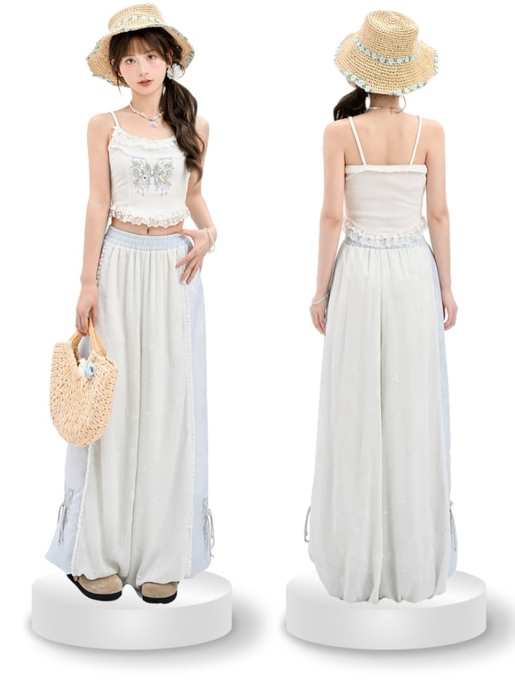 Version Cuffs Holiday Blue and White Colorblock Design Wide-Leg Pants Butterfly Embroidery Regular/Short