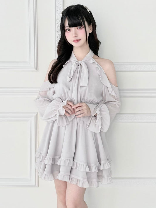 Waist - Edge Jirai Angel Dress Style Kei with Cutout in Gray Smocked Tiered Shoulder Ruffle
