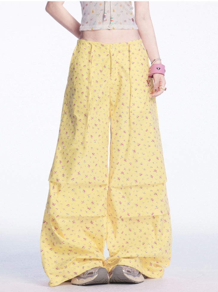 Light Yellow Drawstring Waist Floral Wide-leg Casual Pants