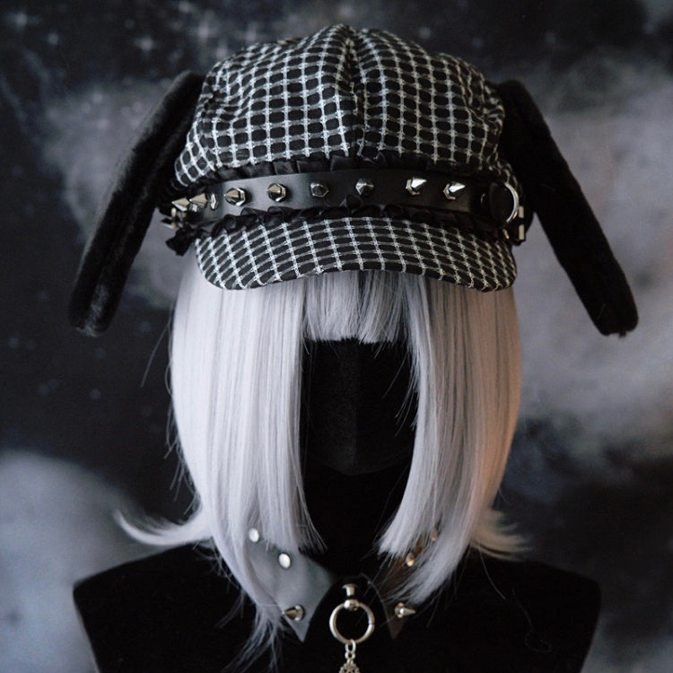 Verzierte Welpen Baskenmütze Hut Nieten Design Plüsch Ohr Schnalle Schwarz Gothic
