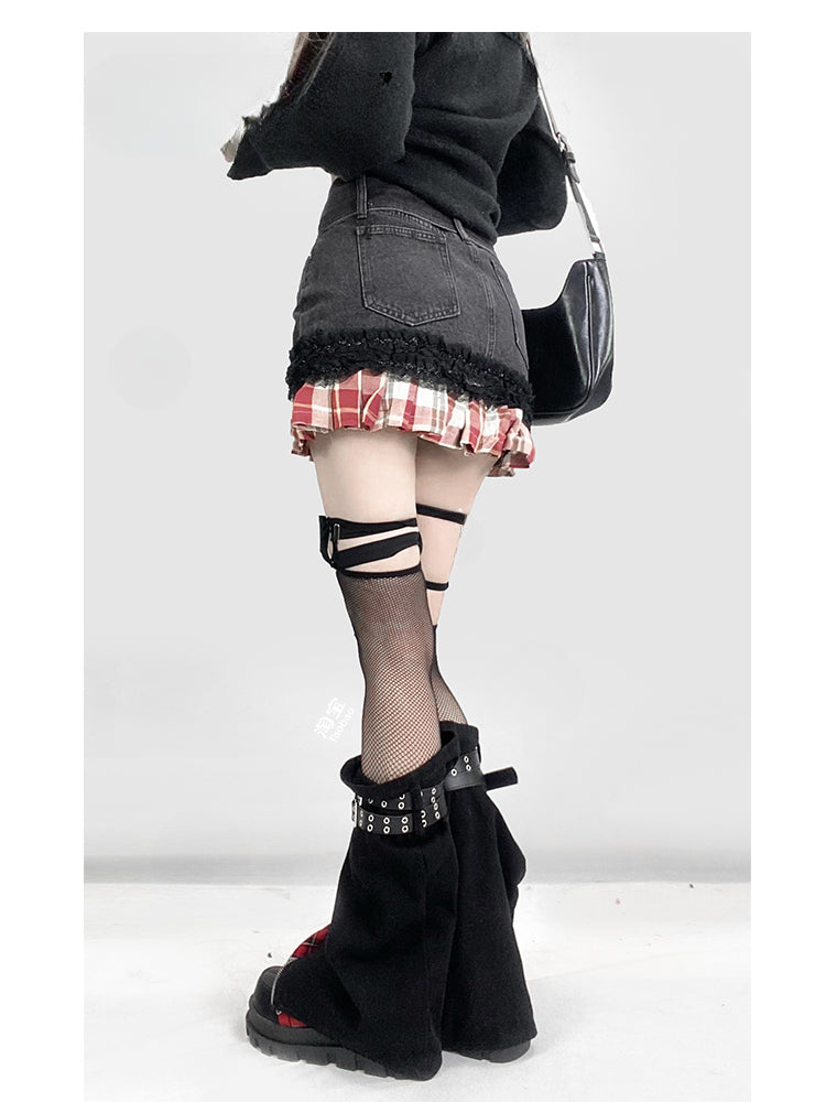 Warmers Pattern Skirt+Buckle Strap Black Denim Y2K Red Leg Hem Plaid