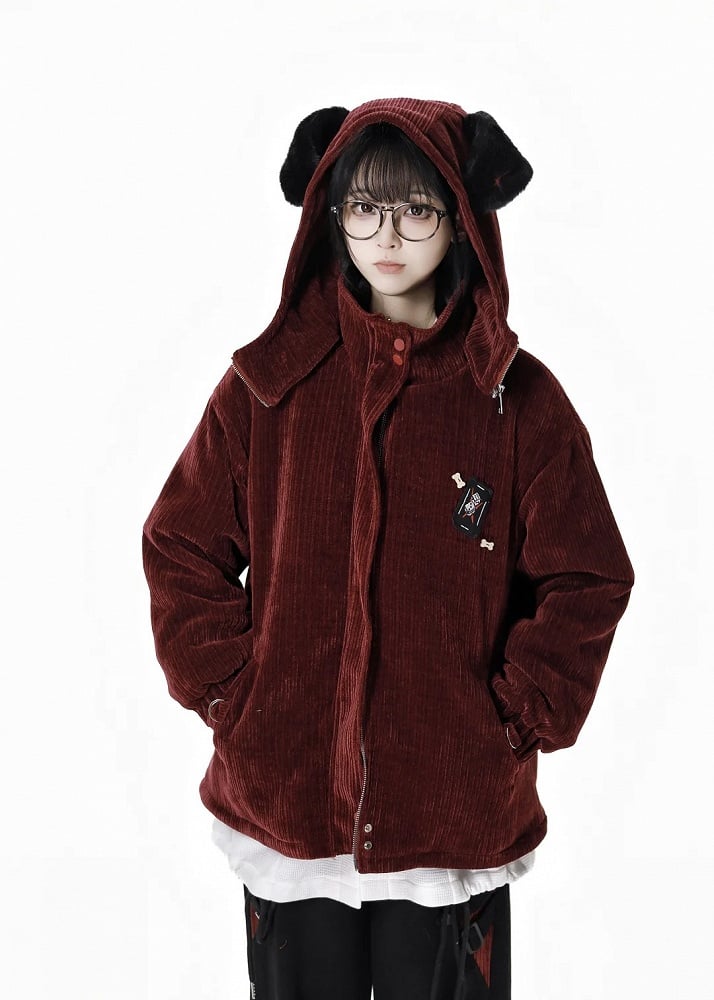 Wine Red High Neck Puppy Ear Hooded Coat