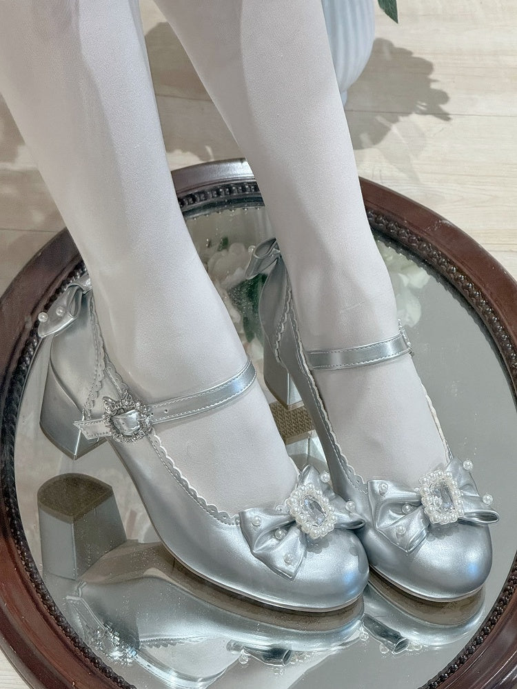 Schuhe Mary Runde Zehen Details Lolita Janes Perlen Silber Und Bowknot Verziert Strass
