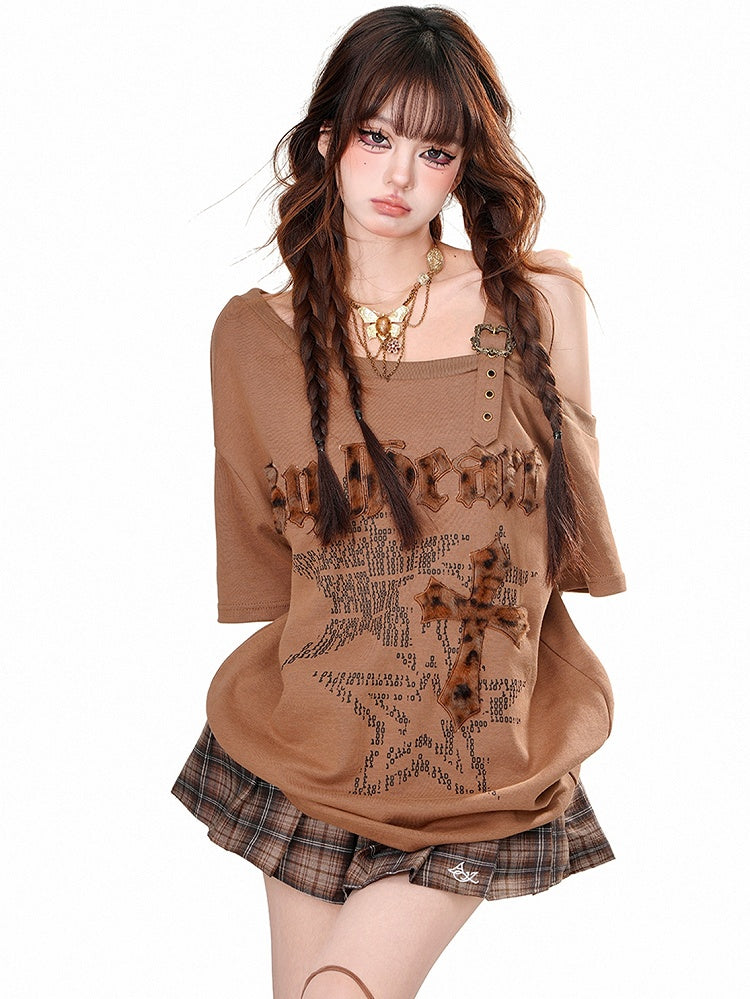 Grey/Brown Leopard Letter Appliques Asymmetrical Neckline T-Shirt