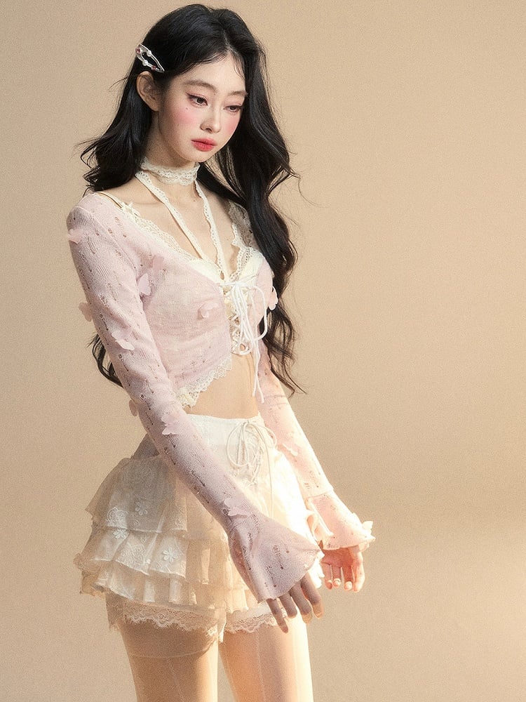 Cropped Top Floral Pink Bell Sleeves Butterfly Glamorous and Set With Top Embellished Lace