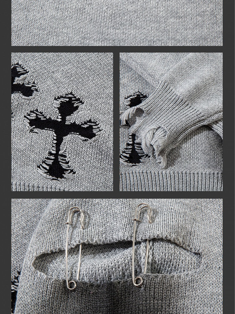 Y2K Black/Grey Cross Shaped Distressed Holes Round Neck Sweater